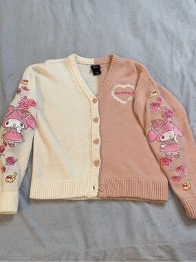 Hello Kitty Two-Tone Cream & Pink V-Neck Cardigan with Embroidered Sleeves